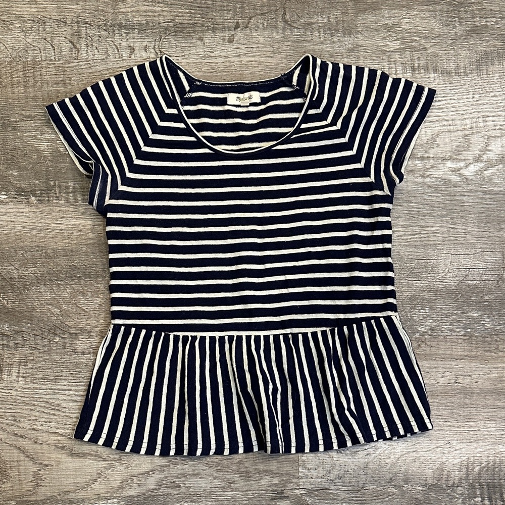 Madewell‎ Women's XXS Navy and White Striped Peplum Tee